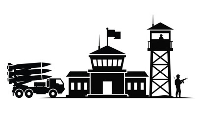 Obraz premium Black silhouette of a military base featuring a missile truck, command building and guard tower