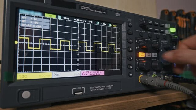 A technician hand adjusts the controls of a digital oscilloscope, changing the view of a yellow square wave. Concept of electronic diagnostics, signal analysis, and engineering.
