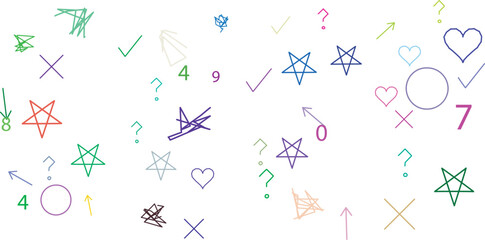 Fototapeta premium Multicolored doodle symbols including stars hearts arrows and numbers