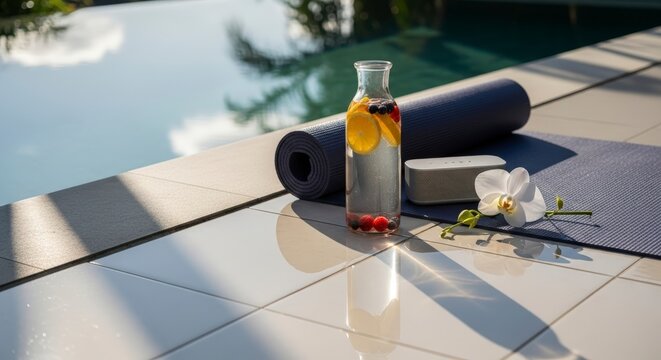 Yoga mat and refreshing summer drink.