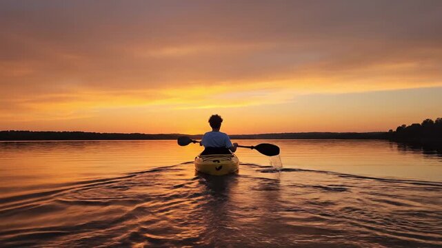 A lone individual paddles a bright yellow kayak across a smooth body of water as the sun dips below the horizon, painting the sky in breathtaking shades of orange and gold. The stunning warm light ref