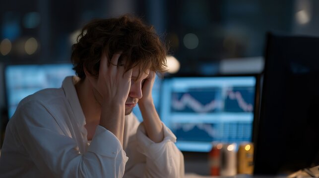 Day trader watching three monitors crash simultaneously showing plummeting stock graphs, hands on head in panic, energy drink cans littered around desk in dark room illuminated only by screens,