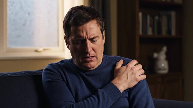 A man sits on a comfortable sofa in a domestic setting, his face contorted in a grimace of pain as he clutches his shoulder. This compelling shot effectively conveys physical discomfort, injury, or mu