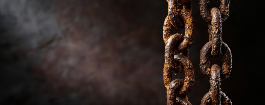 Heavy rusty metal chain links hanging against dark industrial background with copy space