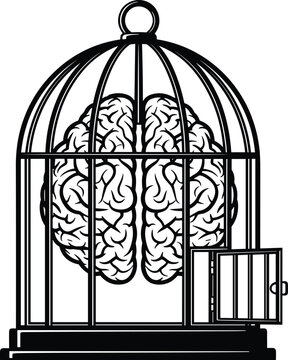 Human Brain Trapped Inside Black Birdcage with Open Door Silhouette mind
