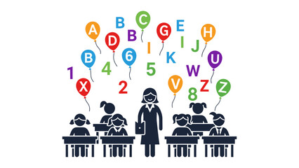 Creative Classroom Illustration: Capturing the essence of a classroom, a teacher stands before a group of young students. The vibrant image uses balloons, numbers. © Tahura