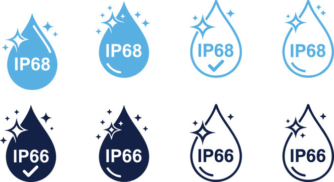 I P68 and I P66 waterproof rating icons with sparkles and checkmarks IP68 IP66