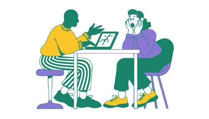 Fototapeta premium Two people sitting at a table looking at a laptop with a shocked expression