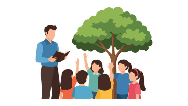 Story Time Under the Canopy: A nurturing teacher, engrossed in a captivating story, captivates a circle of enthusiastic children, their hands raised high under the shade of a flourishing tree.