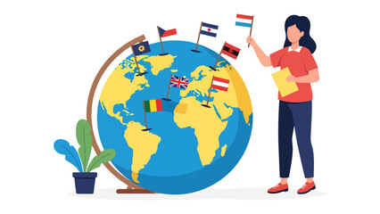 Global Interaction: A woman with brown hair holding flag stands next to globe, learning and understanding other cultures of the world. © Karima