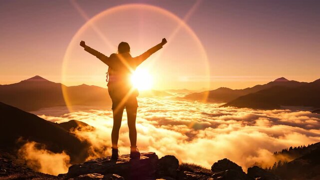 hiker silhouette with raised arms on mountain peak above clouds. bright sunrise sky with lens flare. success, freedom, achievement concept. outdoor adventure, active lifestyle, motivation background.