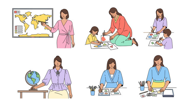 Artistic Expressions in the Classroom: Various scenes of a teacher guiding students in artistic activities, fostering creativity and learning within a vibrant classroom environment. 