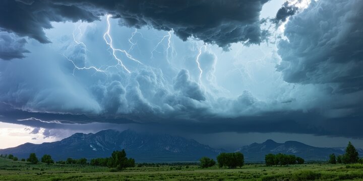 Dramatic storm scene. Lightning strikes above mountains, dark clouds dominate sky. Green field below provides contrast. Powerful nature display.