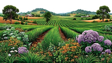 Naklejka premium Lush agricultural landscape illustration high resolution picture
