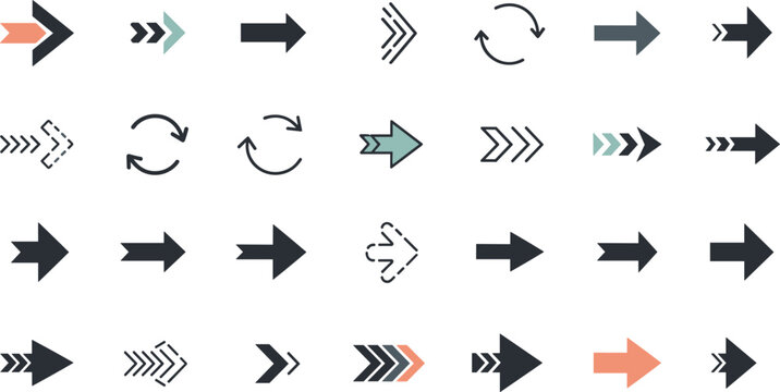 Set of modern arrow icons and directional symbols, flat vector illustrations of straight, curved, dashed and pointer arrows isolated on white background