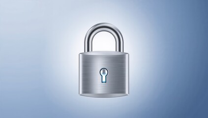 Fototapeta premium Displaying metal padlock with brushed finish and chrome shackle on blue gradient, glowing keyhole