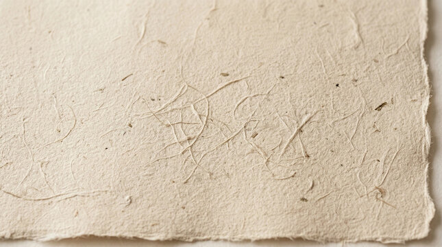 Close up of handmade textured paper surface with visible natural fibers and deckle edges