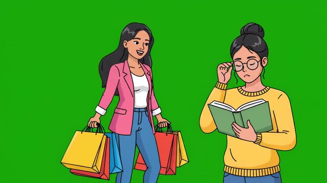 Cartoon animated women green screen shopping and reading illustration loop ready characters animated happy shopping woman and bookworm character in animation