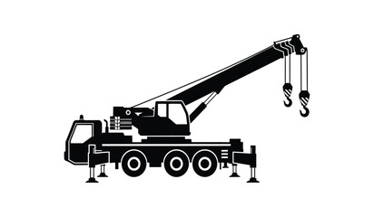 Black silhouette of a heavy duty mobile crane truck with an extended telescopic lifting boom arm © lors of design