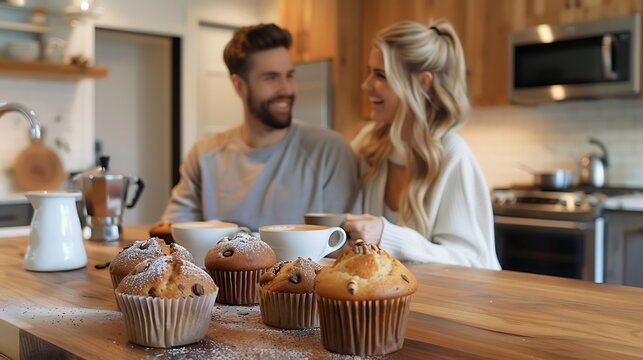Couple shares muffins and coffee in modern kitchen island warm morning light