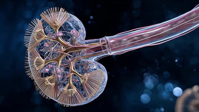 Microscopic 3D render of human kidney nephron anatomy. 4K Video
