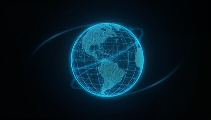 Obraz premium Rotating hologram globe showing Americas in dark void, with data dots and gridlines and trails