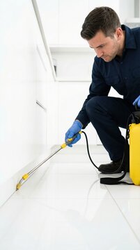 Male exterminator spraying insecticide along kitchen baseboards. Professional service ensuring hygiene and safety from pests. Ideal for home maintenance and pest control service advertisements.