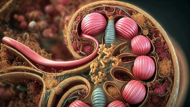 Microscopic 3D animation of human nephron structure. 4K Video