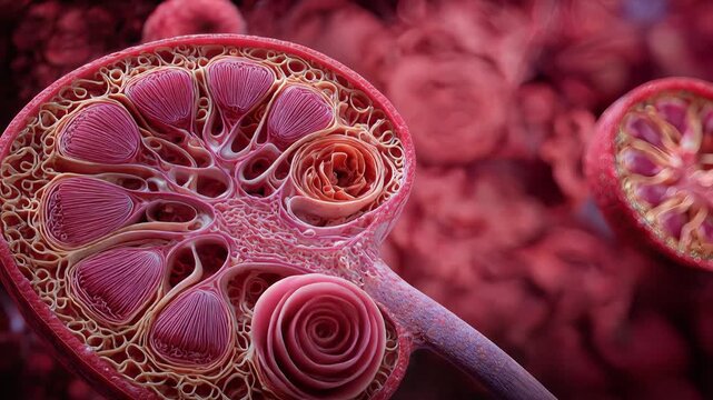 3D medical cross section of a kidney and nephron. 4K Video