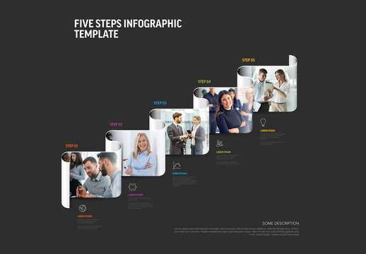 Modern Five Steps Business Infographic Template with Photo Placeholders