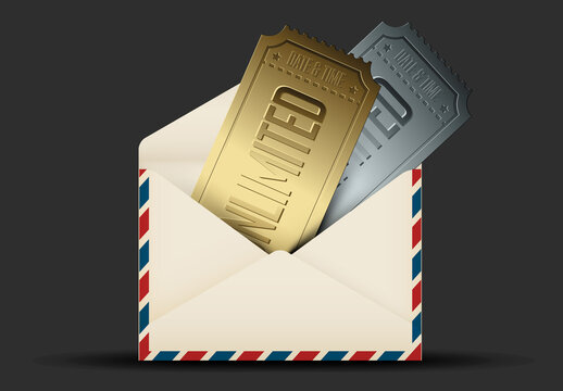 Gold and Silver Unlimited Tickets in a Classic Open Airmail Envelope