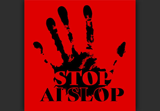 Stop AI Slop Protest Graphic with Black Handprint on Red Background