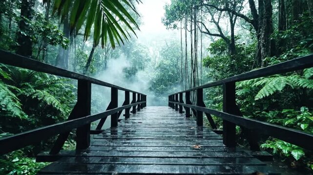 A tranquil and atmospheric perspective along a wooden boardwalk leading into a dense, misty rainforest. The wet planks reflect the ambient light, guiding the eye deeper into the vibrant green foliage,