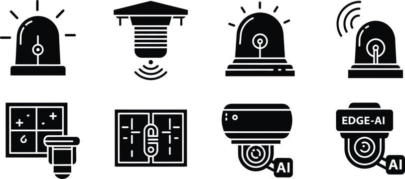 Smart home security camera and ai technology icons