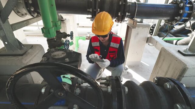 Two industrial technicians wearing helmets and safety gear inspecting and adjusting a large valve on mechanical pipeline infrastructure.