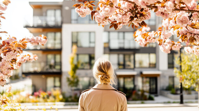 Woman looking modern apartment building spring cherry blossoms, blonde trench coat realestate investment, new construction urban development lifestyle outdoor.