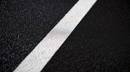 Fototapeta premium Extreme closeup rough dark asphalt texture fresh white road marking diagonal, new pavement surface detail, granular material construction infrastructure.
