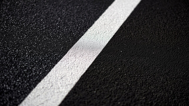 Extreme closeup rough dark asphalt texture fresh white road marking diagonal, new pavement surface detail, granular material construction infrastructure.