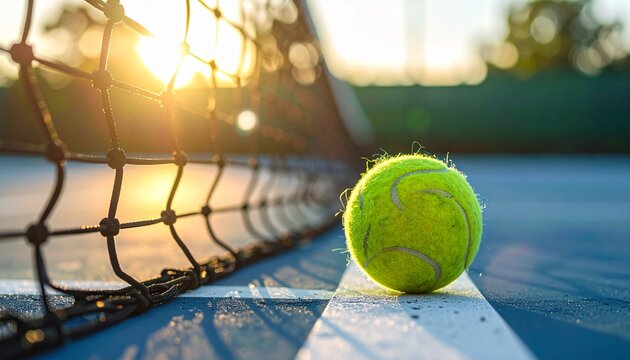 Tennis ball sits on baseline near net at sunset on court