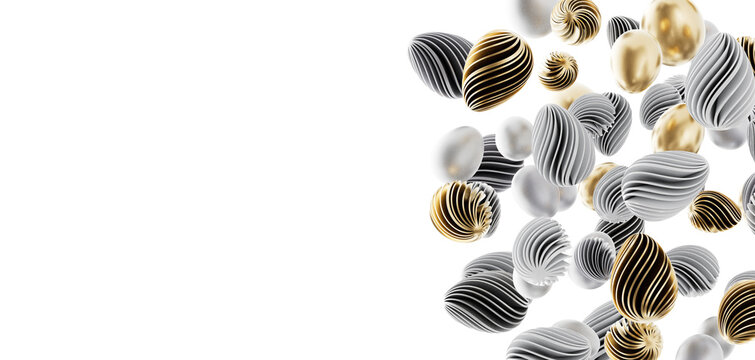 Stylish 3D rendered image of abstract orbs with gold and silver textures floating on a white background, perfect for mod