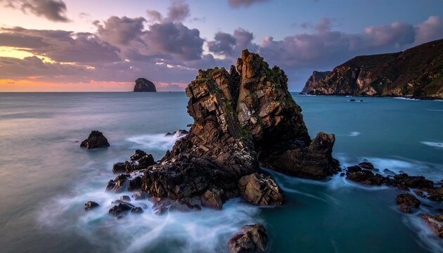 Rocks emerge from ocean waves at sunset near distant cliffs