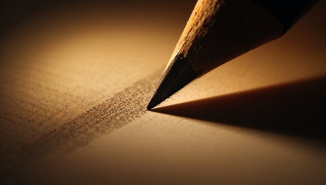 Touching sharp pencil tip shading textured paper, graphite dust and lamp casting shadow, copy space