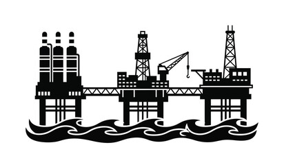 Obraz premium Black silhouette illustration of an offshore oil rig complex located on the turbulent ocean waves