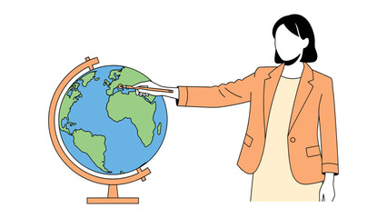 Guiding with the Globe: A teacher, arm extended, her finger tracing a specific point on the earth's detailed surface, leading to an enriching session of geographic learning.  © Atiya