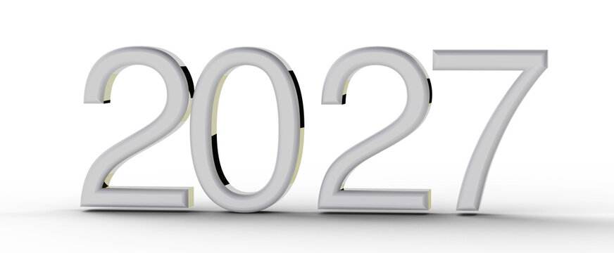 2027 year sign in a metallic finish, isolated on white. Perfect for New Year's celebrations, futuristic themes, and fina