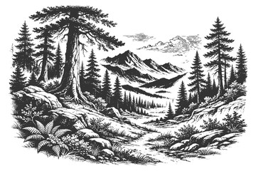 Majestic Pine Forest and Rocky Mountain Valley Landscape Illustration in Detailed Vintage Hand Drawn Engraving and Line Art Vector Style. © Chairul