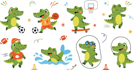 Obraz premium Cute cartoon crocodile playing sports set with basketball, football, swimming, skateboarding and jumping rope playful vector illustration collection