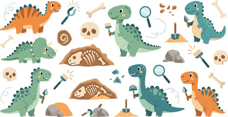 Cute cartoon dinosaurs paleontology set with fossils, skeleton bones, excavation tools and prehistoric characters playful vector illustration collection © sahajahan