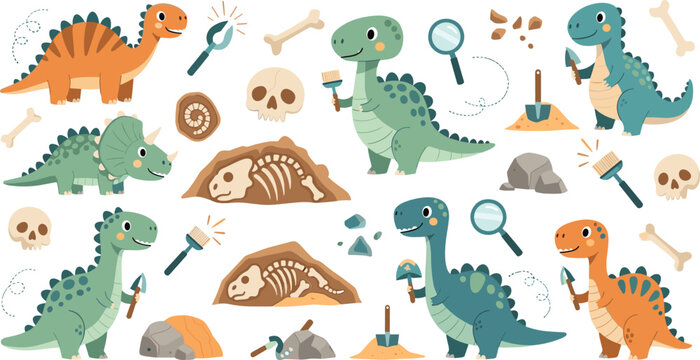 Cute cartoon dinosaurs paleontology set with fossils, skeleton bones, excavation tools and prehistoric characters playful vector illustration collection