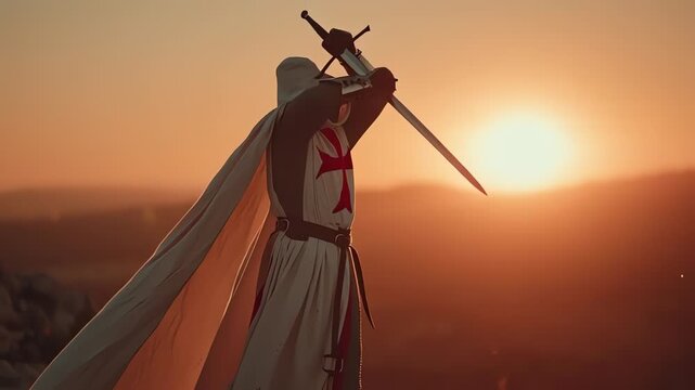 Knights templar stand together on the sunset hills in worn battle armor after a fierce medieval battle